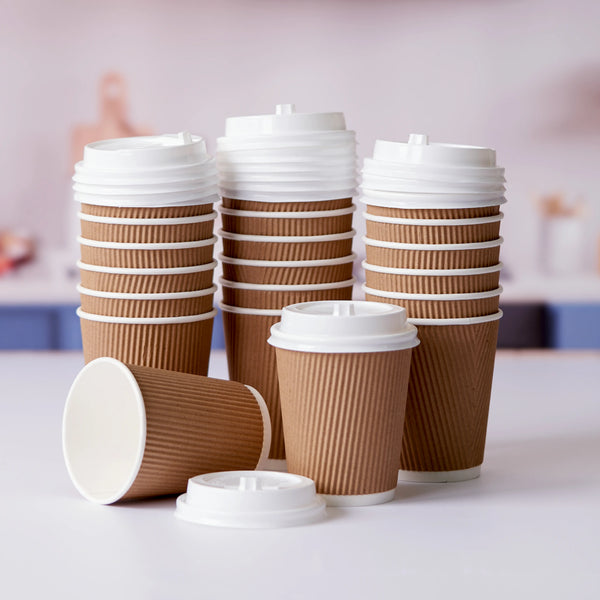 8 Oz Twin Pack Kraft Ripple Paper Cup With Lid 20 Pieces - hotpack.bh