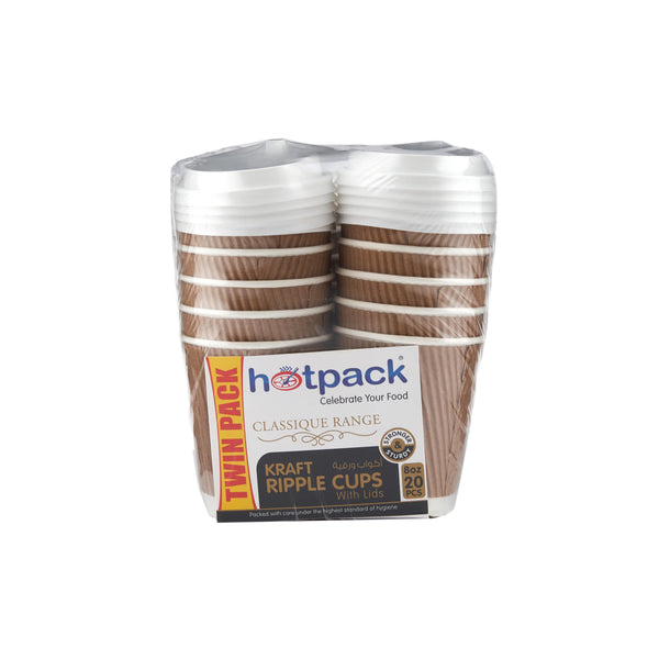 8 Oz Twin Pack Kraft Ripple Paper Cup With Lid 20 Pieces - hotpack.bh