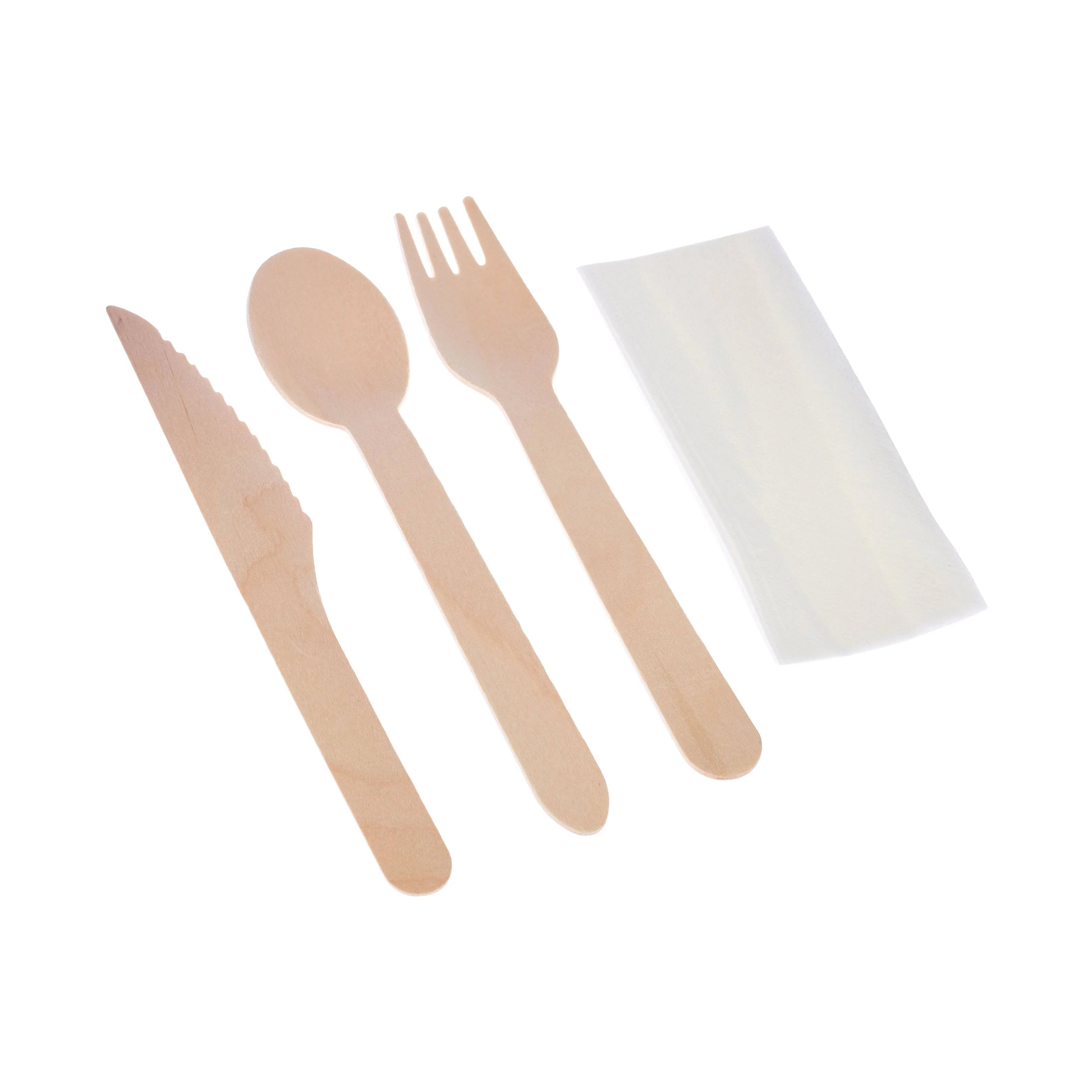 250 Pieces Wooden Cutlery Pack - Spoon, Fork, Knife, Napkin