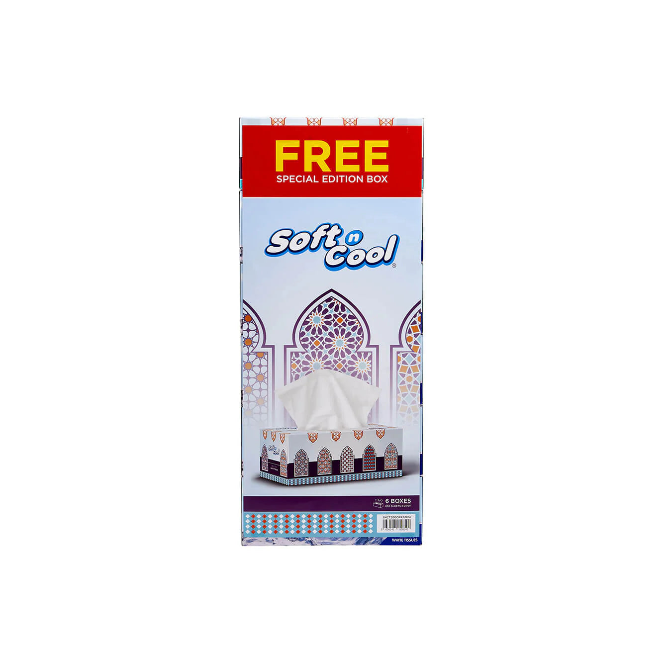 Soft n Cool 200 Sheets X 2 Ply 5 Boxes + 1 Box Free Arabic theme Facial Tissue