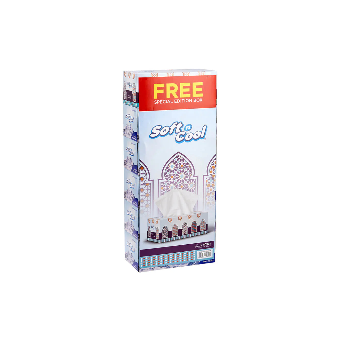 Soft n Cool 200 Sheets X 2 Ply 5 Boxes + 1 Box Free Arabic theme Facial Tissue