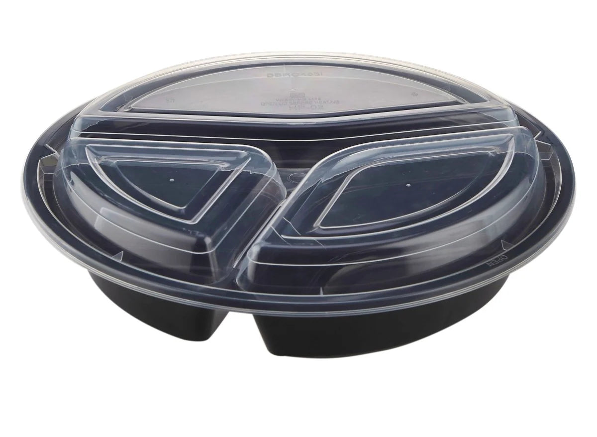 Black Base 3-Compartment Round Container 48 Oz+ Lid-Diameter= 232*43 mm